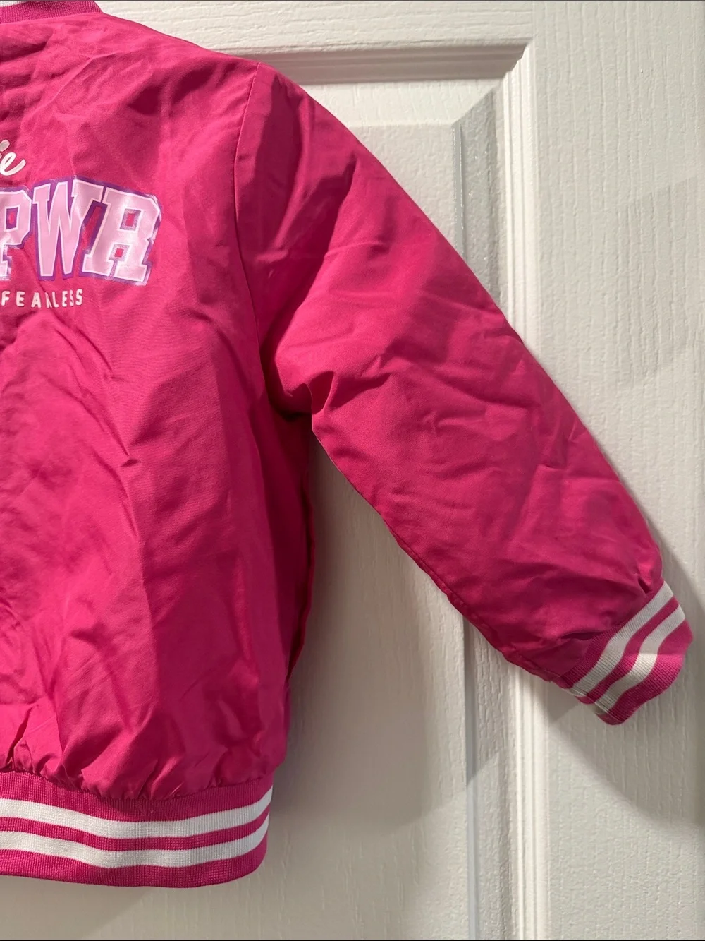Barbie Hot Pink Kids Puffer Jacket with Striped Trim Size 4-5